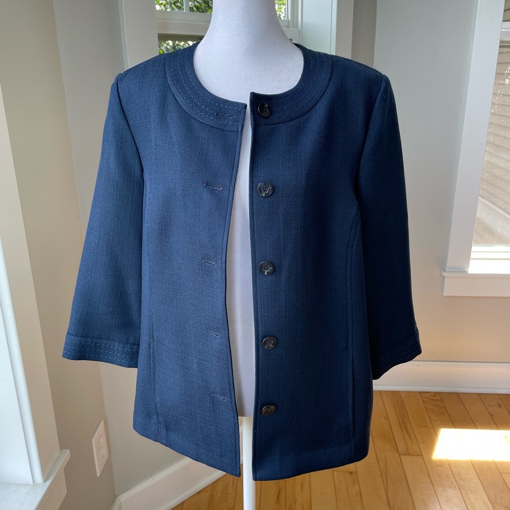 Vintage Alfred Dunner Minimalist Navy Blue Woven Swing Jacket Contrast Stitch